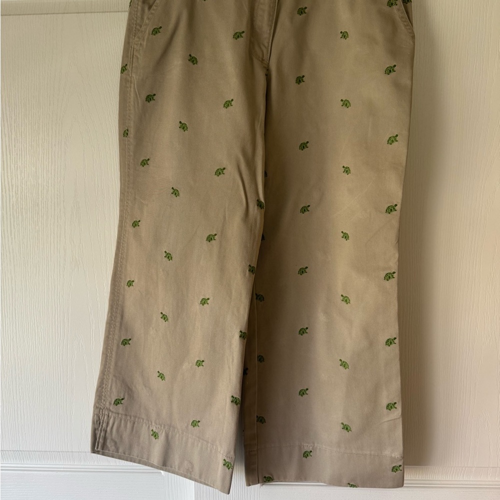 J. Crew Khaki Chinos with Green Turtle Pattern
